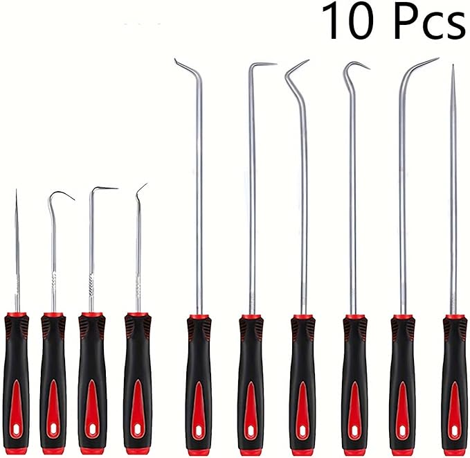 Professional 10-Piece Automotive Hook and Pick Set for Oil Seal, O-Ring, Gasket Removal - Car Repair Tool Kit for Mechanics, Auto Body Dent Puller, Engine Repair & Maintenance (Red)