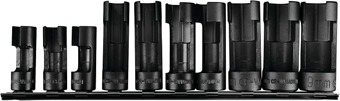Performance Tool W84027 10 pc. 3/8-in. Dr. Flare Nut Socket Set for Tight Spaces: 10-19mm Sizes, Useful for Sensors, ABS, Master Cylinders, Chrome Vanadium Steel, Black Phosphorus Finish