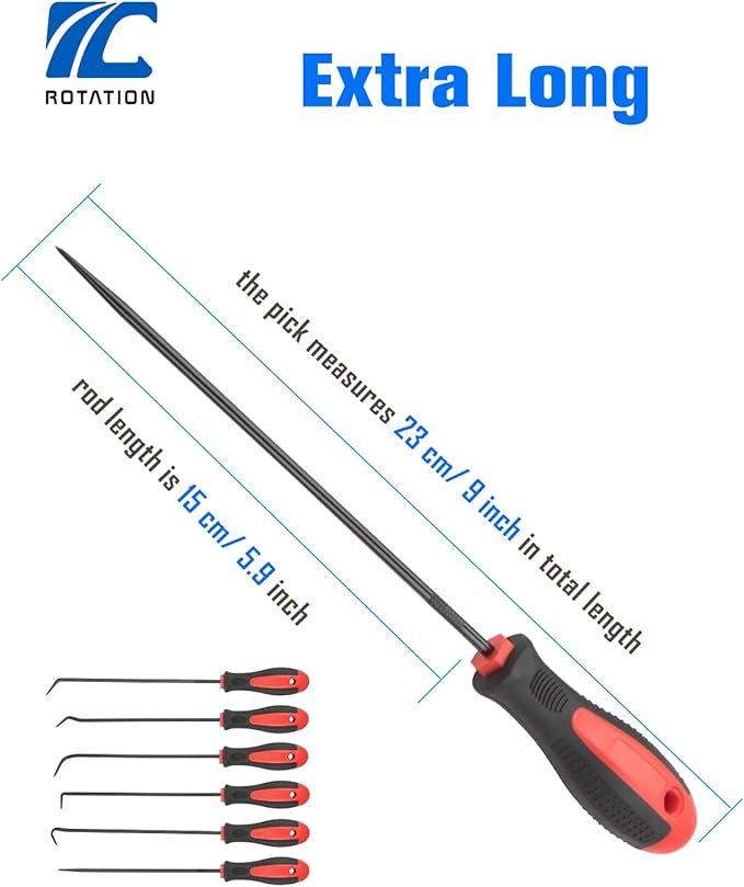 ROTATION Extra Long Precision Hook and Pick Set, 6-Piece Set, Chrome Vanadium Steel Shaft, for Remove Hoses and Gaskets, Auto and Electronics Maintenance Tools
