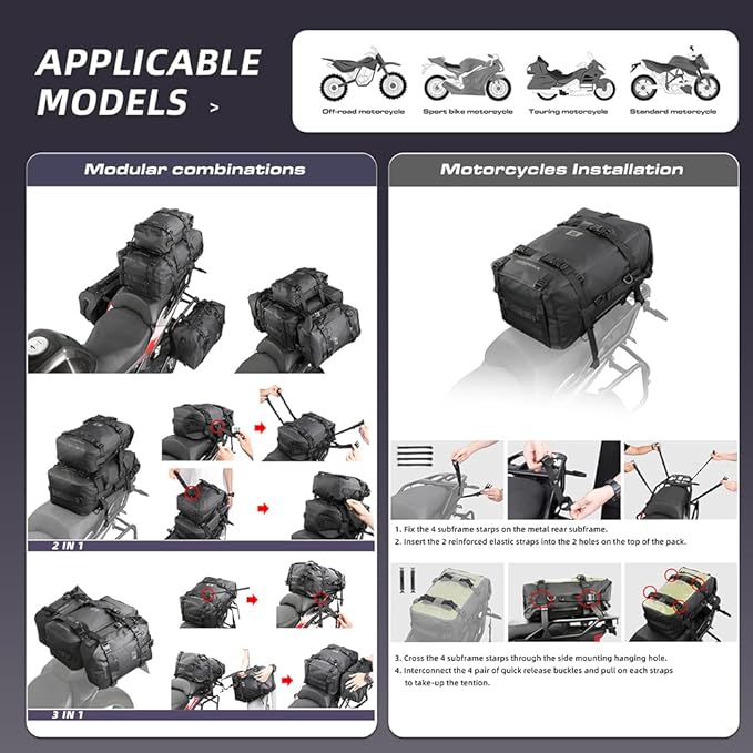 Rhinowalk Motorcycle Tail Bag Motorbike Side Bag 30L Full Waterproof Motor Saddle Pannier Bag Rear Rack Trunk Professional Motor Accessories-Black