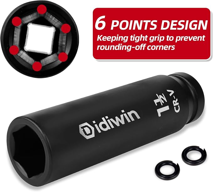 1'' Drive 1-1/2'' Extra Deep Impact Socket, 8'' (200mm) Long, 6-Point Truck & Trailer & Tractor Wheel Nut Impact Socket, Heat Treated CR-V Alloy Steel, One-Piece Forged, Radius corner design