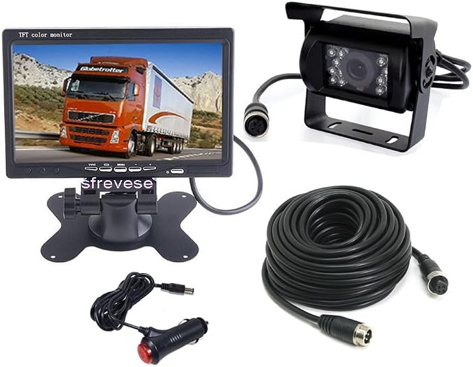 Vehicle Backup Camera and 7 inch Screen Monitor Kit + IR Night Vision Reverse Rear View Parking Camera System with 4 Pin 15m Cable for Bus RV Truck Trailer Camper Motorhome