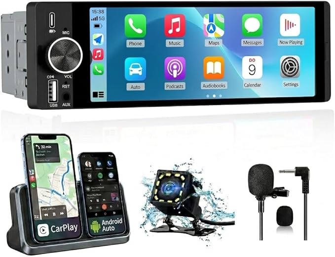 6.36 inch Single Din Car Stereo with CarPlay&Android Auto HD IPS Touchscreen Radio with Bluetooth 5.0, 720P BackupCamera with 6M Cable, Support USB Type-C Charging/USB/Microphone/FM/EQ/GPS/SWC