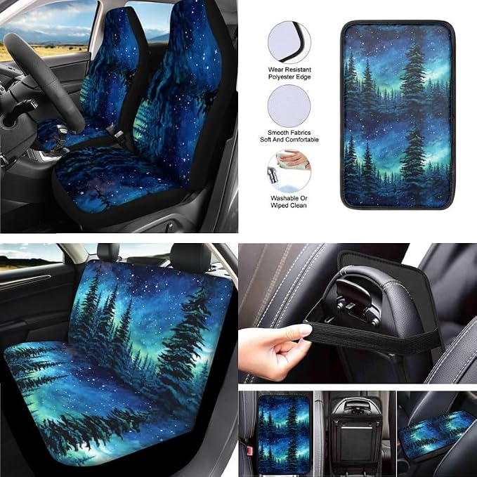 Starry Night Forest Hand Drawing Car Seat Cover Full Set Universal Starry Sky Tree Painting 13 Pcs for Front and Back Seat Cover Keychains for Trucks Sedan SUV