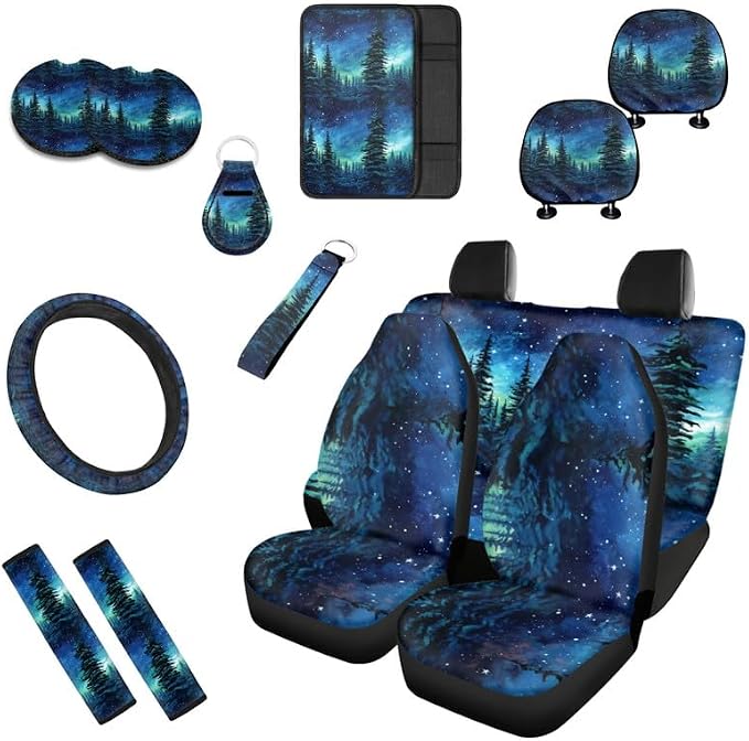 Starry Night Forest Hand Drawing Car Seat Cover Full Set Universal Starry Sky Tree Painting 13 Pcs for Front and Back Seat Cover Keychains for Trucks Sedan SUV