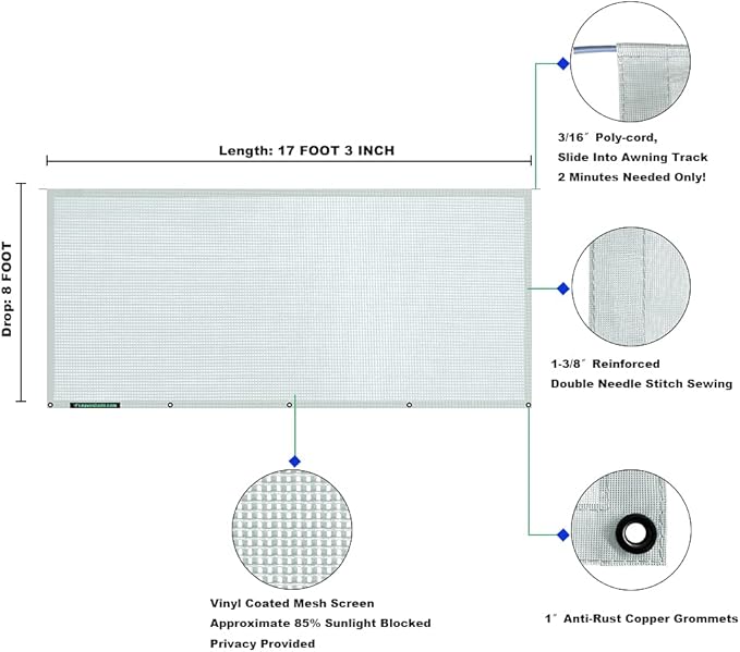 leaveshade RV Awning Sun Shade Screen 8' X 17' 3'' (Fit for 18' Awning)- Mesh Sunshade Block Patio Front Sun Light Motorhome Camping Trailer UV Sunblocker Canopy Sunscreen - 3 Year Warranty -Gray