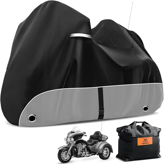 Trike Cover, 420D Outdoor Waterproof Three Wheeler Cover with Ventilation Holes and Reflective Strips, Suitable for Trike Models Freewheeler, CVO Version, Tri Glide, Chieftain, Goldwing Grey