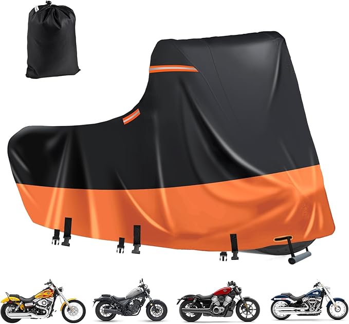 Motorcycle Cover Heavy Duty,600D Motorcycle Cover Waterproof Outdoor,Silver Nano Inner,5 Reflective Strips,2 Air Vents,for Honda,Suzuki,Motorcycle Tarp (2XL 96" x 43.3" x 55" Black-Orange)