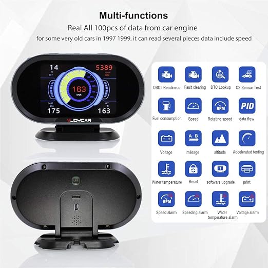 VJOYCAR V70 OBD2 Gauge Cluster HUD Heads Up Display, Car Computer OBD ii Scanner Speed Engine Coolant Temperature Fuel Consumption Digital Speedometer Mileage Overspeed Voltage Faulty Code Alarms