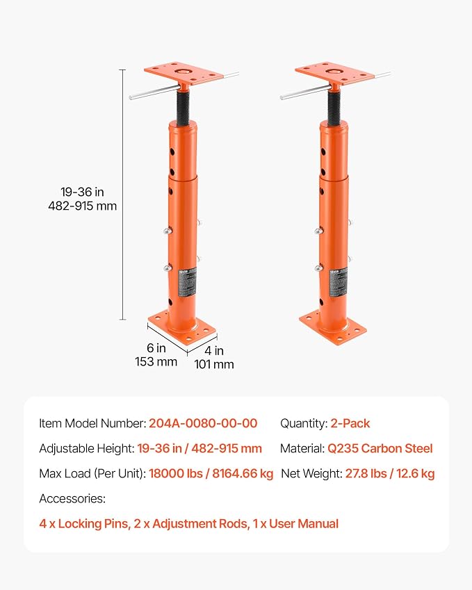 VEVOR House Floor Jacks, 2 Pack 19-36 Inch Height Range, 18000 lbs Max Load Capacity, Adjustable Support Beam Basement Jack Post Pole for Leveling, Lift Steel Telescoping Post for Temporary Support