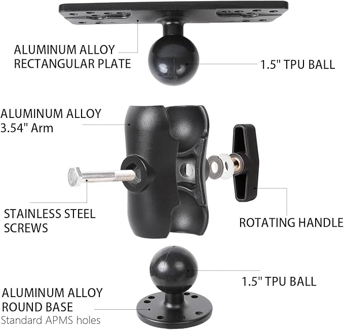 xik 1.5" Ball Short Arm Fish Finder Mount, Aluminum Alloy Marine Electronic Mount, Round Base with 1.5 inches / 38mm / C Size Ball Adapters, Compatible with Garmin, Lowrance, Humminbird and More