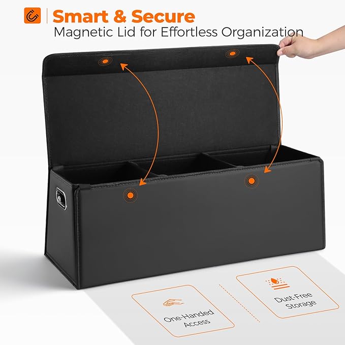 Fyzeoty Car Organizers and Storage - Trunk Organizer for Suv Car,Car Trunk Leather Storage Box,Extra Large,Magnetic Lid,Collapsible and Adjustable Trapezoidal-Black