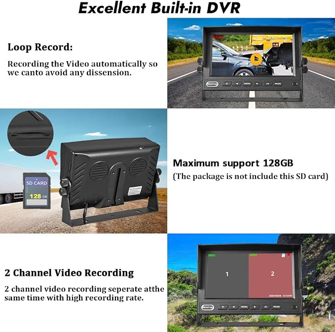 7" Car Monitor with DVR Recording Dual Split Screen Display 4-Pin Connector | 1024x600 IPS Screen, DVR Loop Recording, Supports 2 camera inputs (CVBS & AHD), Compatible 4-Pin Vehicle Camera Systems