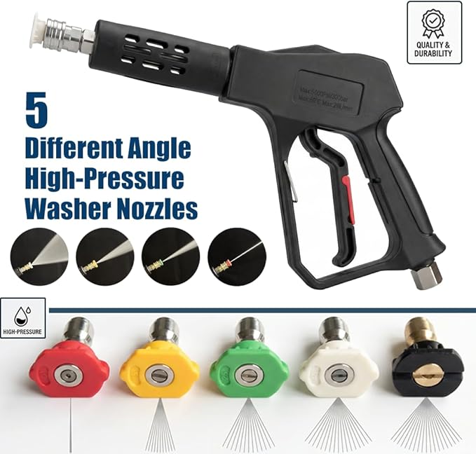 Swivel Pressure Washer Short Gun,Sturdy 5000PSI Power Washer Handle with Replacement Extand Wand Carwash Water Spray Washing Gun and 3/8 Plug & M22-14mm & M22-15mm and 1/4 Adapter 5 nozzles