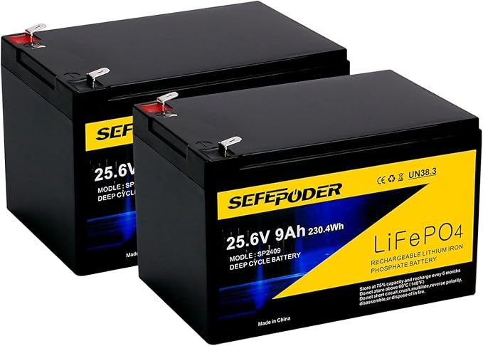 SEFEPODER 24V 9Ah Lithium LiFePO4 Deep Cycle Battery 2 Pack, 3000+ Cycles Rechargeable Battery for Lighting, Scooter, UPS(600W or Less), 24V Power Wheels and More with Built-in 30A BMS