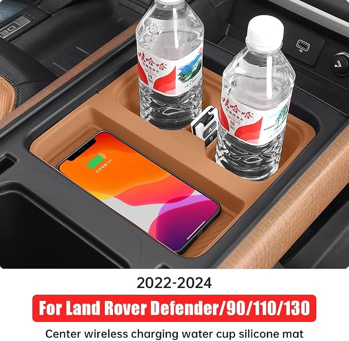 Center Console Storage Box for 2022-2024 Land Rover Defender 90 110 130 Wireless Charging Mat Cup Holder Interior Storage Silicone Mat Tuning Supplies Accessories (2022-2024 Defender (Brown))