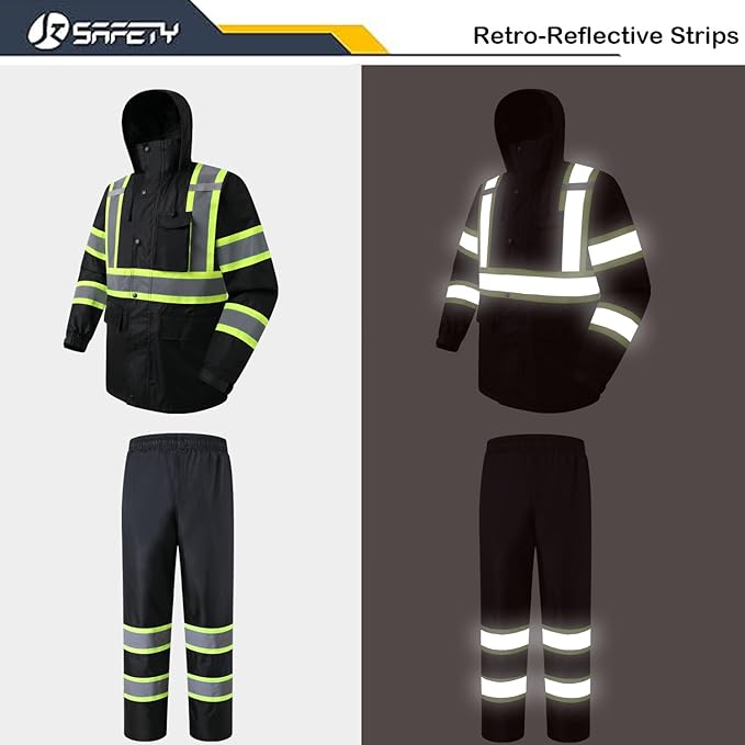 JKSafety Hi-Vis Reflective Safety Rain Jacket and Pants for Men Women Waterproof Rain Gears for Farming Fishing Work HV Rain Suit with Inner Mesh Lining and Pockets (117-Black 3XL)