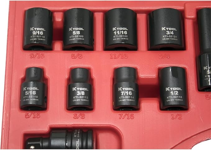 K Tool International 37042 SAE and Metric Impact Socket Set with 3/8" Drive for Garages, Repair Shops and DIY, 6-Point, Heat-treated, Chrome-moly Steel, Laser Engraved, Molded Case, 42 Piece