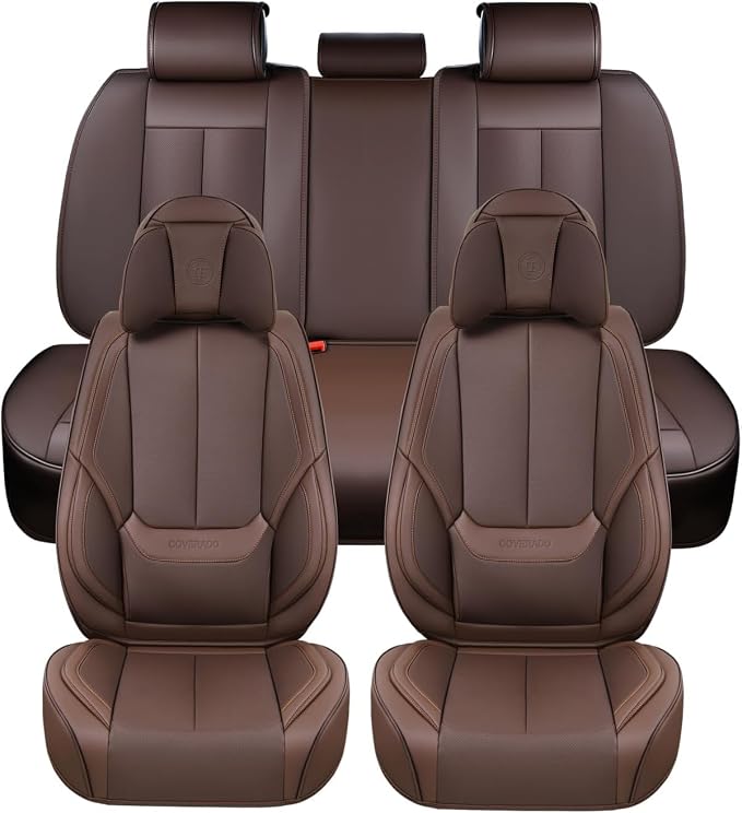 Coverado Front and Back Seat Covers, Waterproof Nappa Leather Auto Seat Protectors Full Set with Head Pillow, 5 Pieces Universal Car Accessories Fit for Most Sedans SUV Pick-up Truck, Brown