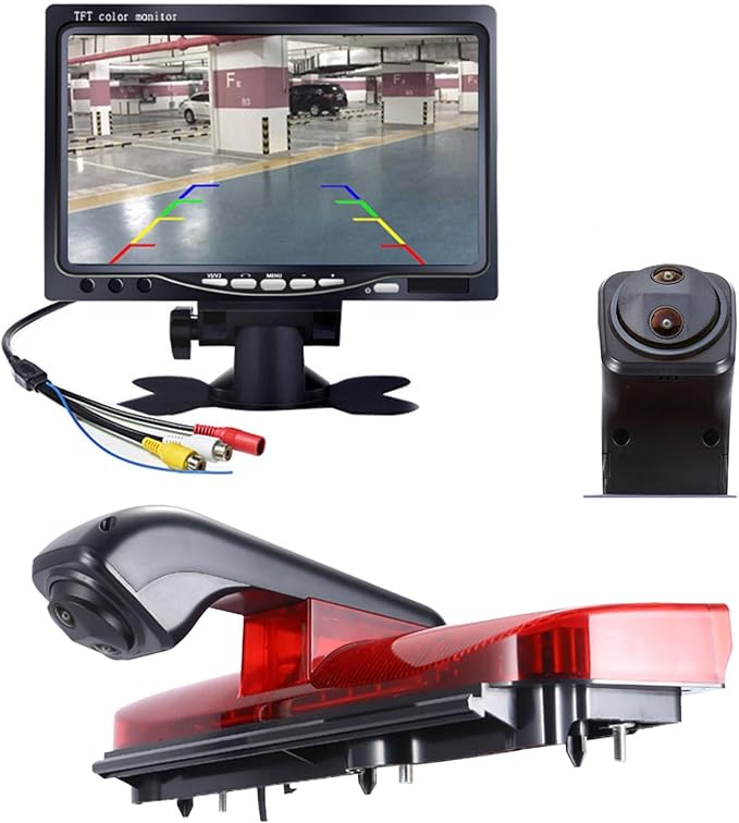 HD Waterproof Car Reverse 3rd Brake Light with Dual Double Rear View Parking Camera, for Ford Transit Connect 2 II/XL Cargo Titanium Passenger Van/Connect Tourneo PJ2 Van V408 (with 7-inch Monitor)