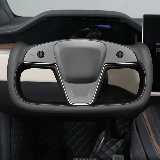 MEWANT Steering Wheel Cover for Yoke Style Steering Wheel for Tesla Model S 2021-2023 / Model X 2021-2023 Made of Black Microfiber Leather