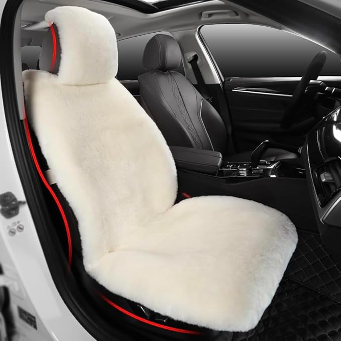 IRIWOOL Fluffy Fur Sheepskin Car Seat Cover Automotive Interior Accessories Seat Covers Accessories Seat Cushions， Soft Natural Pure Wool ，Universal Fits Most Cars SUVs (Ivory White, Universal Fit)