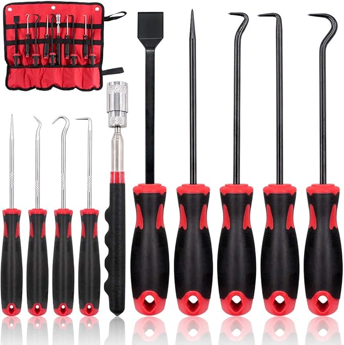 Swpeet 9Pcs Long Hook Set with Magnetic Telescoping Tool Kit, Precision Scraper Gasket Scraping Hose Removal Puller Hook Perfect for Automotive and Electronic Tools