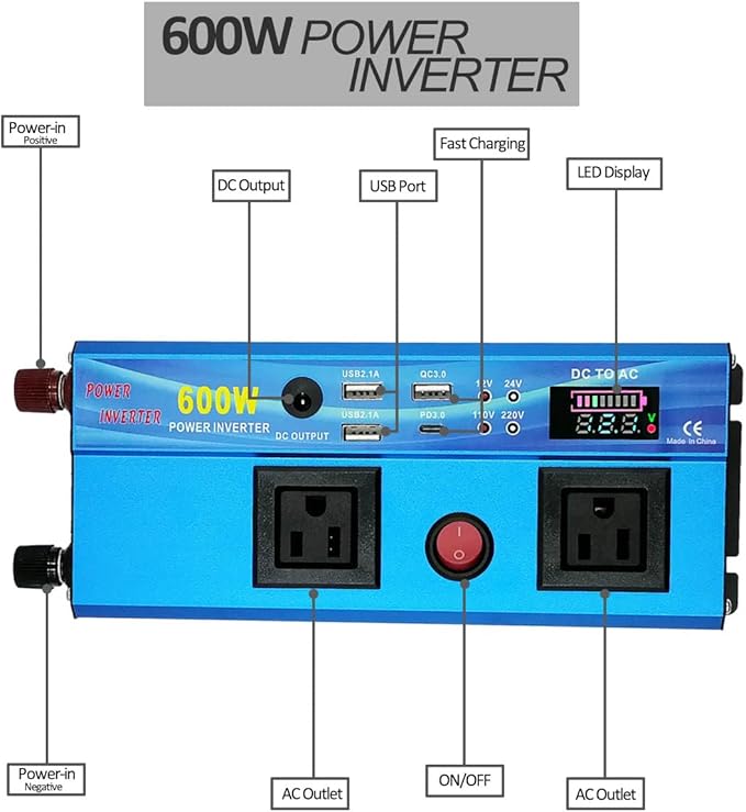 600W Continous Output Power Inverter DC 12V to 110V AC Converter with 4 USB Ports, 2 AC Outlets, 1 DC Output, LED Display for Road Trip, Camping, RV, Truck, Car, Pickup Truck