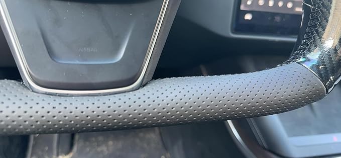 MEWANT Hand Stitch Black Genuine Leather Shiny PU Carbon Fiber Steering Wheel Cover Wrap for Tesla Model S Yoke Model X