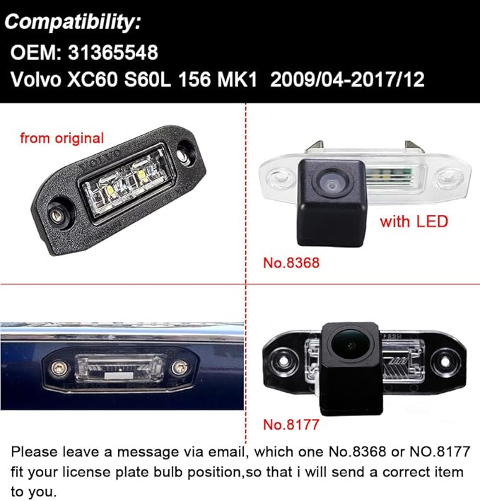 1280 * 720 Pixel Car Backup Vehicle Camera Replacement for Volvo XC60 S60L 156 MK1 2009/04-2017/12 OEM: 31365548 Waterproof Night Vision Reverse Parking Camera