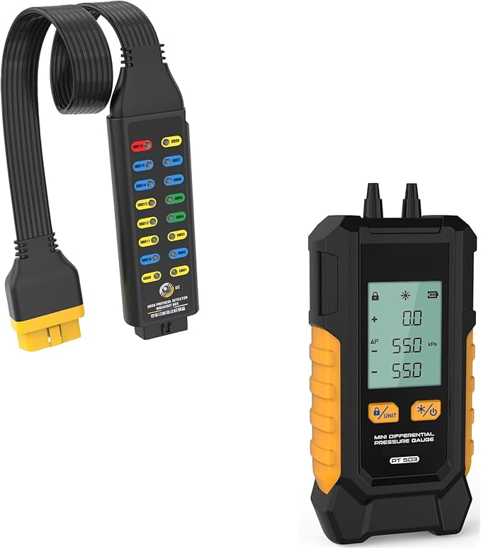 OBD2 Breakout Box 16-Pin CAN 17.7 inches Cable Fault Diagnosis Scan Tool & Dual-Port Manometer HVAC with 7 Adapters, 6 Units Switch, Data Hold & Backlit Display Screen