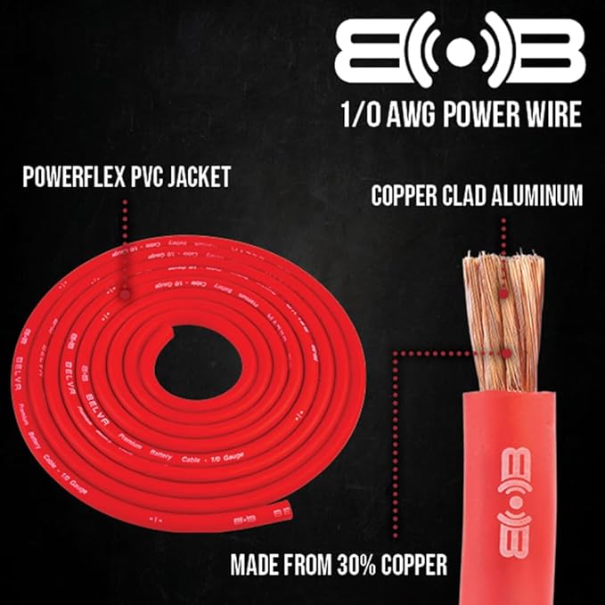 Belva True 1/0 Gauge AWG Premium CCA Dual Amplifier Wiring Kit Without RCA Cable - BPK0D RED