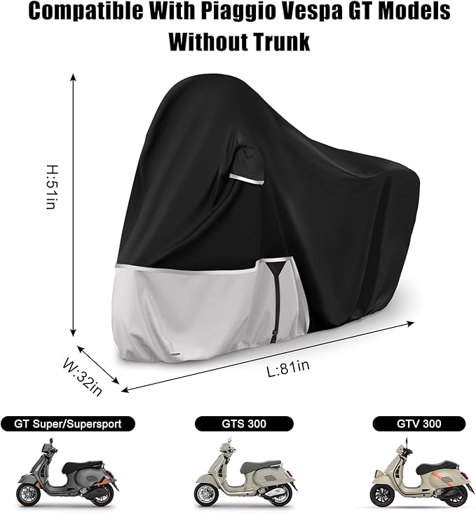 Waterproof Motorcycle Cover Replace for Piaggio Vespa GTV GTS GT60/125/200/250/300 Super Without Trunk Model, 420D Oxford Cloth Motorcycle Cover for Snow Rain Dust Protection