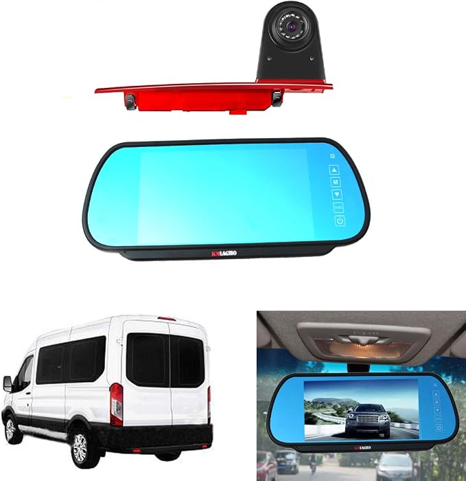 Brake Light Backup Camera Compatible for Ford Transit Custom Rear High Level Brake Light Reversing Parking Camera from 2012-2015 with 7 inch Clip-on Mirror Monitor