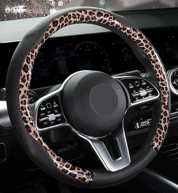Peach Wood Grain Steering Wheel Cover Anti-Slip Breathable Durable Leather Four Seasons Universal 15 Inch Car Wrap Cover (Leopard-Coffee)
