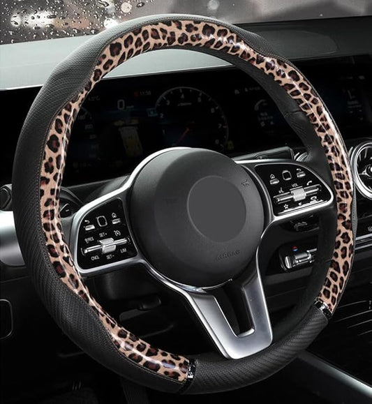 Peach Wood Grain Steering Wheel Cover Anti-Slip Breathable Durable Leather Four Seasons Universal 15 Inch Car Wrap Cover (Leopard-Coffee)