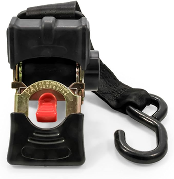 Camco 50030 Retractable Transom Tie Down Strap (2” Width, 5.5’, Bolt-On), Black