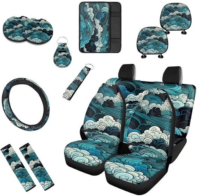 Chinese Cloud Pattern Print 13 Piece Car Seat Cover Set for Women Full Set Retro Sea Wave Car Seat Protectors Coaster Pads Decor Accessory, Turquoise