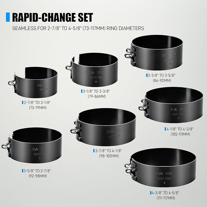 SMOTIVEPRO 8 Piece Piston Ring Compressor Tool Set with Piston Ring Pliers and 7 Piston Rings from 2-7/8" to 4-5/8"(73mm-117mm), Ring Compressor for Car Engine