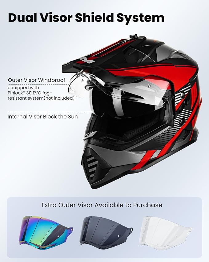ILM Dual Sport Adventure Motorcycle Helmet with Pinlock Compatible Sun Visor Snowmobile ATV Dirt Bike Off Road Casco Model WS902 RedBlack Large