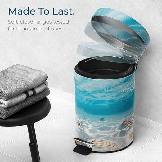 Sanilo Small Bathroom Trash Can with Lid [1.3 Gallon] - Lidded Tiny Trashcan for Garbage - Mini Metal Bin with Soft Closing Mechanism - Bath Room Accessoire Wastebin with Inner Bucket (Waterworld)