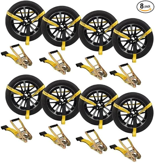 Mytee Products (8 Pack) 2" x 120" Car Tie Down Straps for Trailer with Flat Hook - 3333 LB WLL Lasso Style Tire Straps for Car Trailer with Ratchets - Vehicle Tie Down Wheel Straps for Hauling Cars