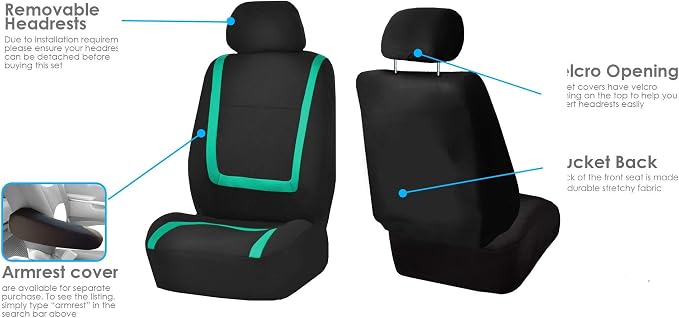FH Group Automotive Seat Covers Unique Flat Cloth Mint Full Set, Combo Steering Wheel Cover and Seat Belt Pads Rear Solid Bench Universal Fit for Vans Cars Trucks and SUV Interior Accessories