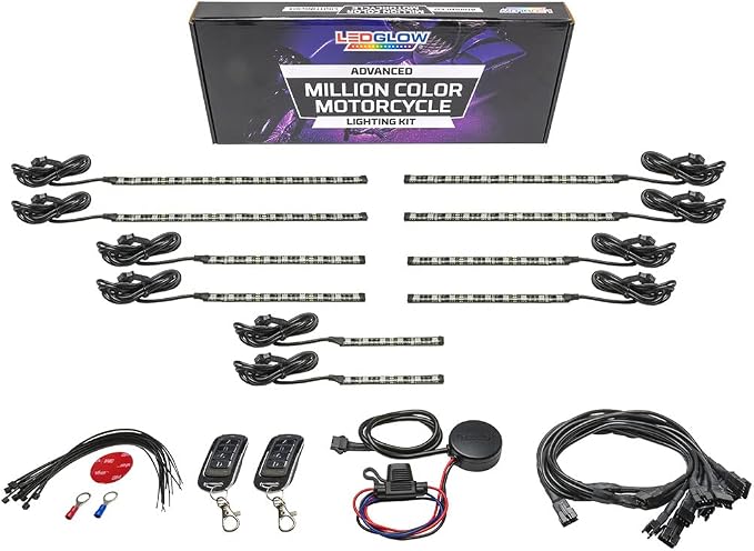 LEDGlow 10pc Advanced Million Color LED Motorcycle Accent Underlow Light Kit - 15 Solid Colors - 6 Patterns - Multi-Color Flexible Strips - Includes Waterproof Control Box & 2 Wireless Remotes