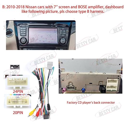 16pin Car Stereo Radio Wiring Harness for Nissan X-Trail Qashqai Rogue Sentra Altima Teana Murano Navara Support Factory Bose Amplifier, OEM Backup Camera and 360 Camera