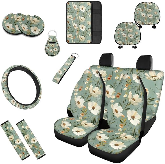 Daffodil Retro Hand Drawing 13 Pack Car Accessories Set Include Car White Flower Art Painting Front Seat Covers Car Decorations,Car Cup Pad Seat Belt Shoulder Pads
