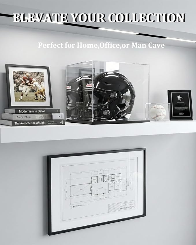 Acrylic Football Helmet Display Case Full Size with Mirror Back and Base, UV Protection Dustproof Clear Cube Box for Sports Memorabilia Storage, Assembly Required (14.9" L x 11.8" W x 11.8" H inches)