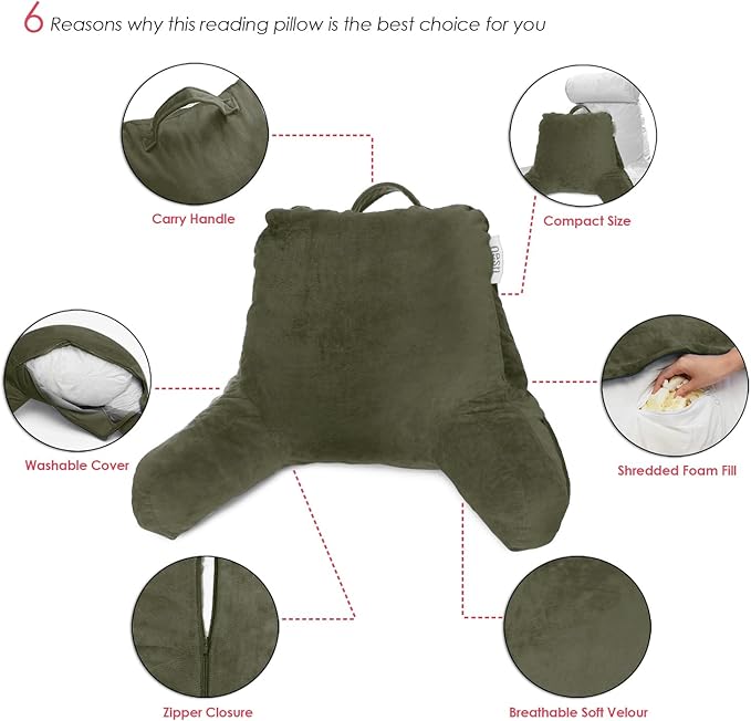 Nestl Reading Pillow with Shredded Memory Foam, Designed for Sitting Up in Bed and Couch, Back and Arms Adjustable Support for Adult & Teens Backrest Pillows for Reading, Washable Cover, Olive Green