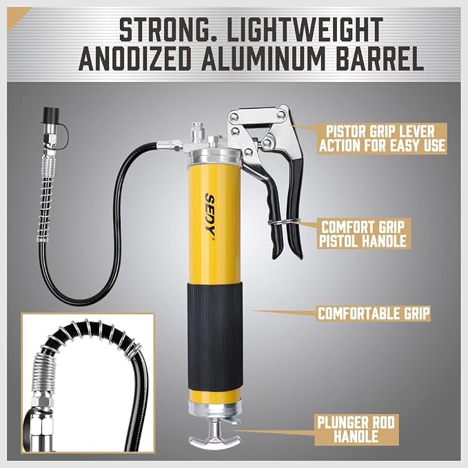 Heavy Duty Grease Gun Kit - 14oz Free Grease Tube 8000 PSI Pistol High Pressure Flexible Hose Bearing Grease Pump Marine Durable Connectors Adapters Extension Tubes Nozzle Easy Operation