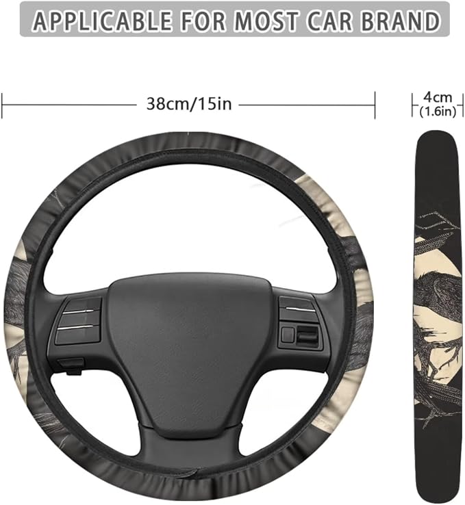 Crow Moon Pattern 13 Pieces Car Interior Accessories, Stretchy Auto Seat Covers Set of 4, 1 Piece Steering Wheel Cover, Breathable Safe Belt Pads Set of 4, 4PCS Cup Coasters